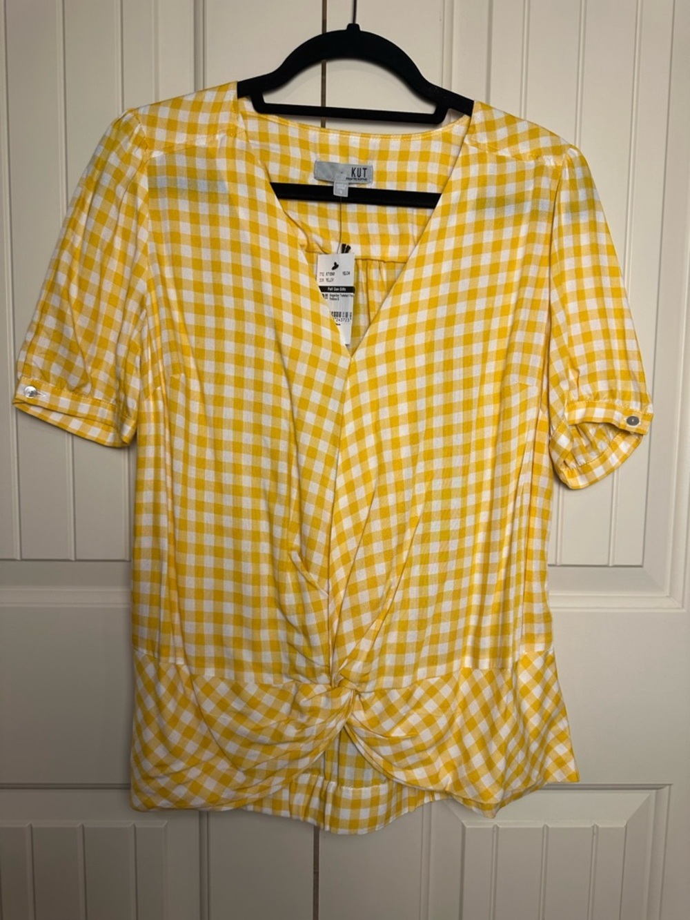 Kut From the Kloth Yellow White Gingham Picnic Plaid Short Sleeve V Neck Shirt S - Picture 2 of 14